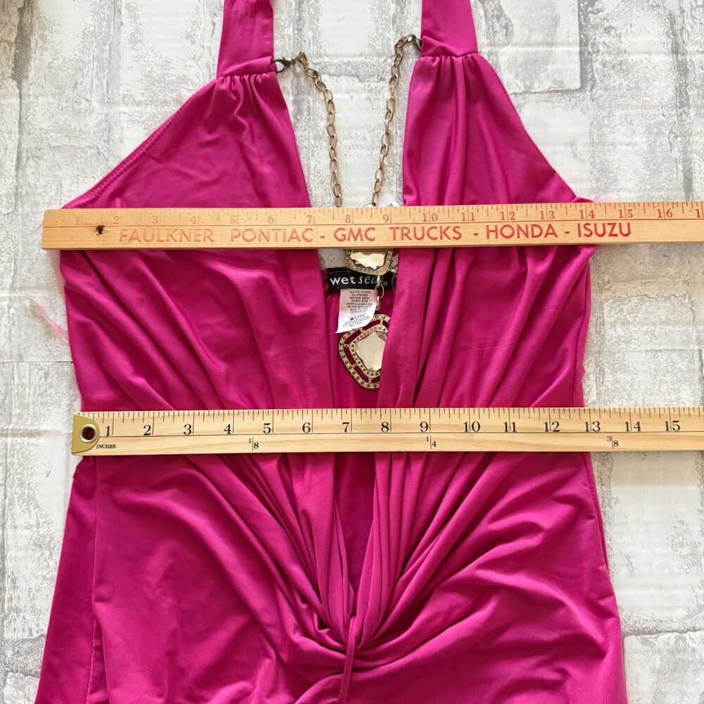 NOS Wet Seal Y2K VTG Pink Plunge Cowl Ruched Glam Clubwear Party Halter Top XL - Picture 6 of 8